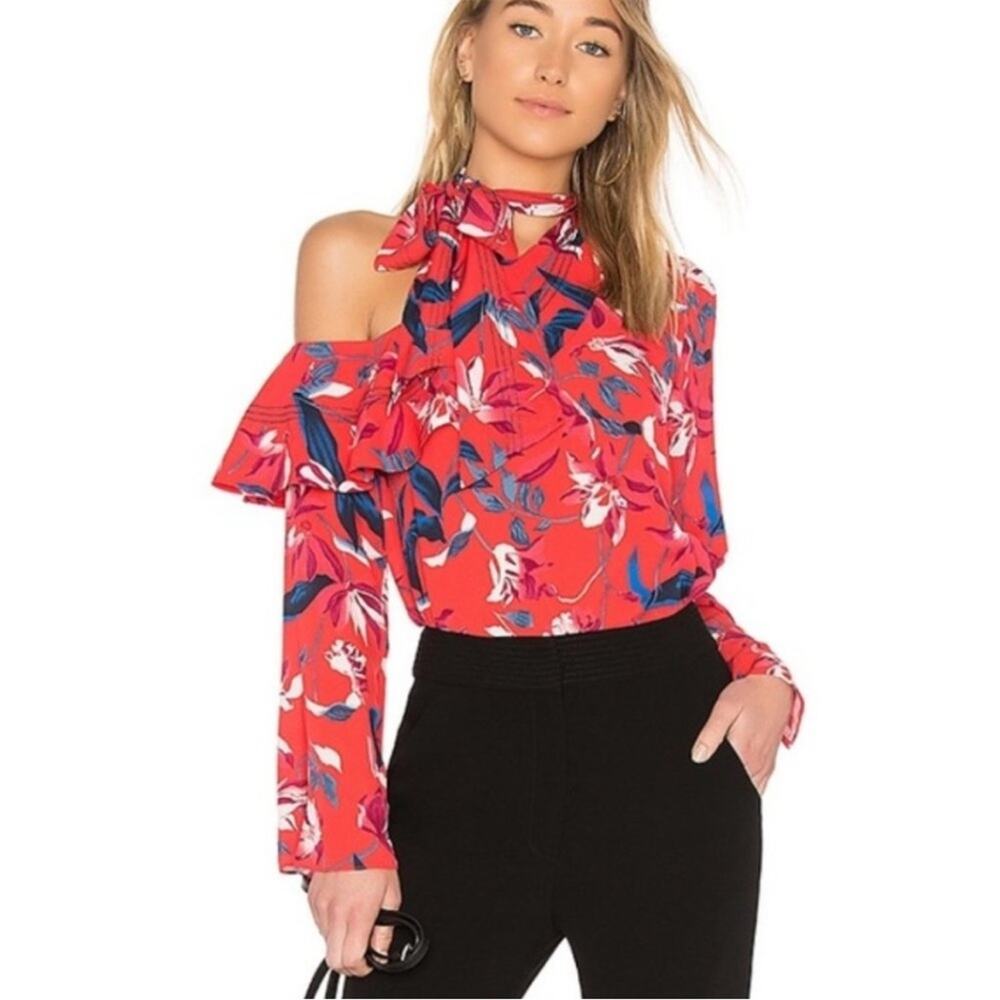 NWOT Tanya Taylor Jules One Shoulder Silk Blouse Papaya Red Floral 6